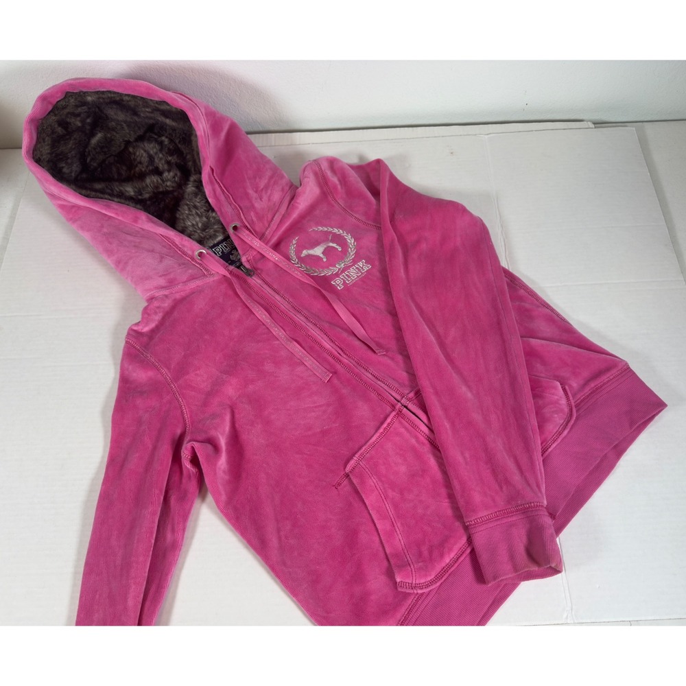 PINK Victoria's Secret Womens Velour Fur Lined Hoodie Jacket Zip Up Y2K Style